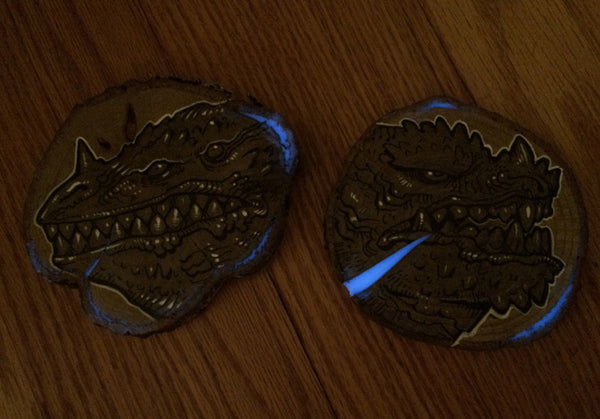 TINY KAIJU- ORIGINAL ILLUSTRATION ON WOOD SLICE- "TOOTHY"- GLOWS!