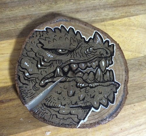 TINY KAIJU- ORIGINAL ILLUSTRATION ON WOOD SLICE- "GRUMPS"- GLOWS!