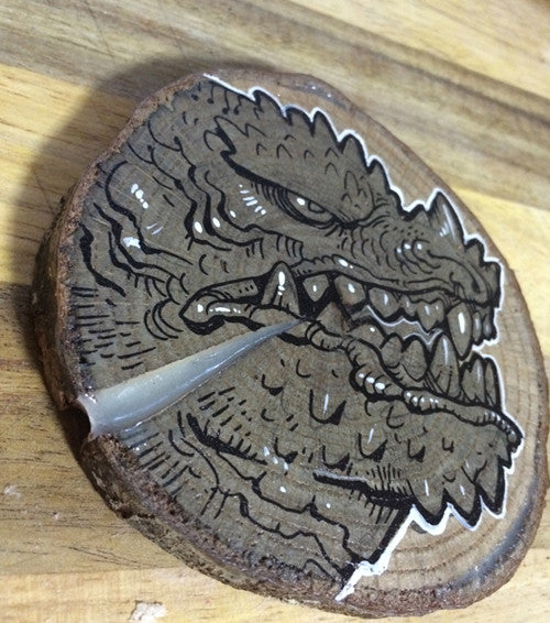 TINY KAIJU- ORIGINAL ILLUSTRATION ON WOOD SLICE- "GRUMPS"- GLOWS!