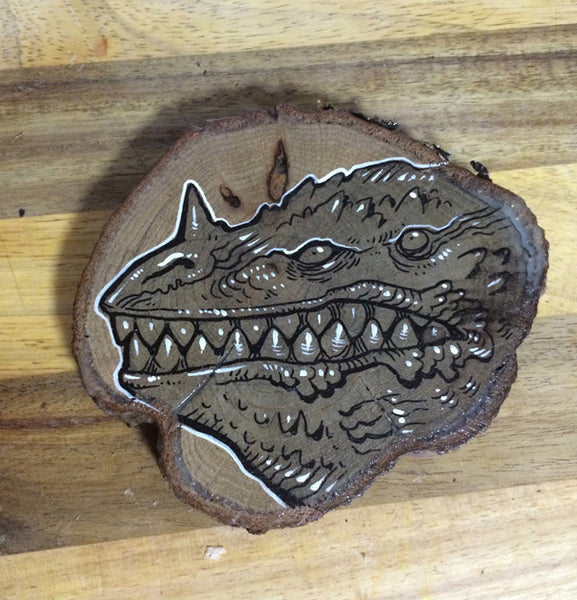 TINY KAIJU- ORIGINAL ILLUSTRATION ON WOOD SLICE- "TOOTHY"- GLOWS!