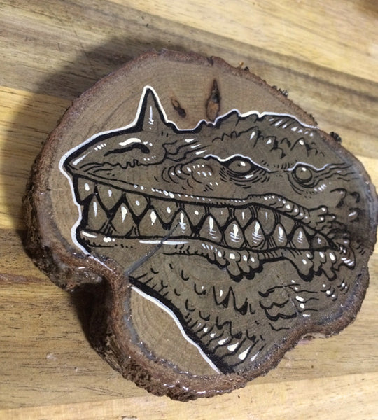 TINY KAIJU- ORIGINAL ILLUSTRATION ON WOOD SLICE- "TOOTHY"- GLOWS!