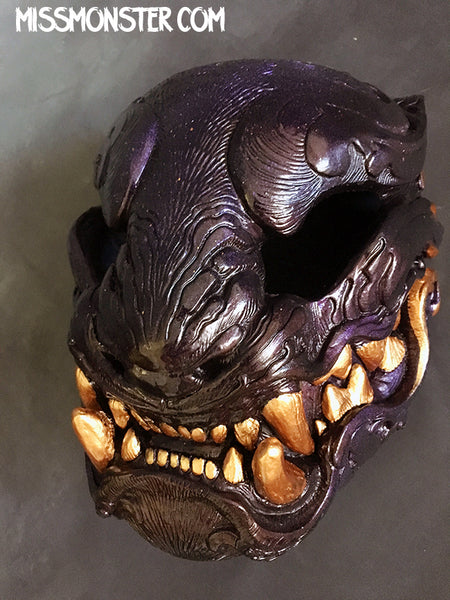 ORNATE PANTHER MASK- PURPLE/RED IRIDESCENT WITH GOLD ACCENT