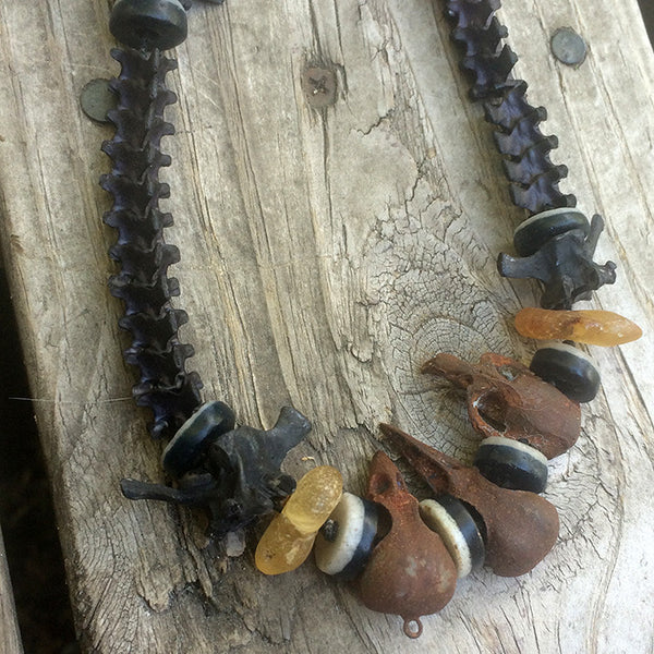 POST APOCALYPTIC NECKLACE- SNAKE BONES , CAST SKULLS