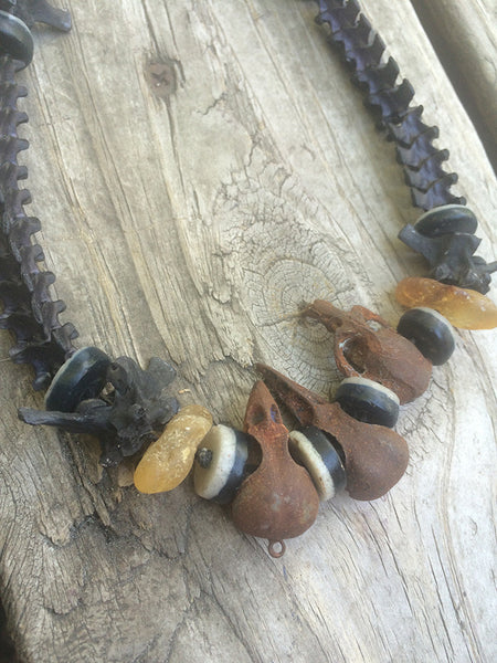 POST APOCALYPTIC NECKLACE- SNAKE BONES , CAST SKULLS