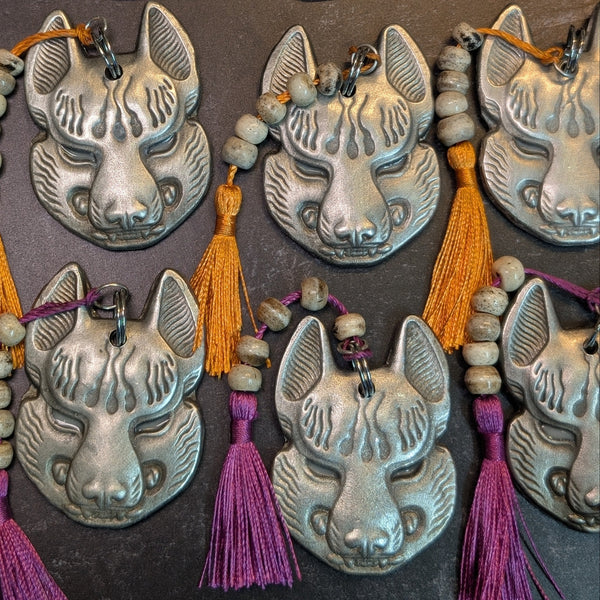 REAL PEWTER METAL CAST KITSUNE CHARM GLOW IN THE DARK EYES