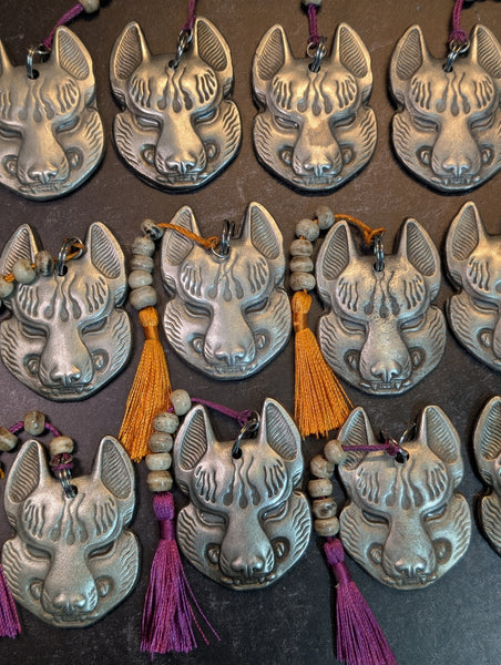 REAL PEWTER METAL CAST KITSUNE CHARM GLOW IN THE DARK EYES
