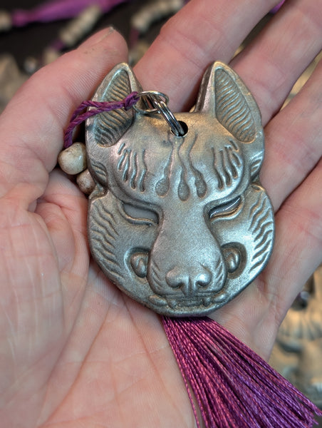 REAL PEWTER METAL CAST KITSUNE CHARM GLOW IN THE DARK EYES