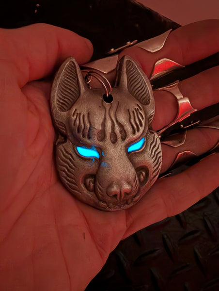 REAL PEWTER METAL CAST KITSUNE CHARM GLOW IN THE DARK EYES