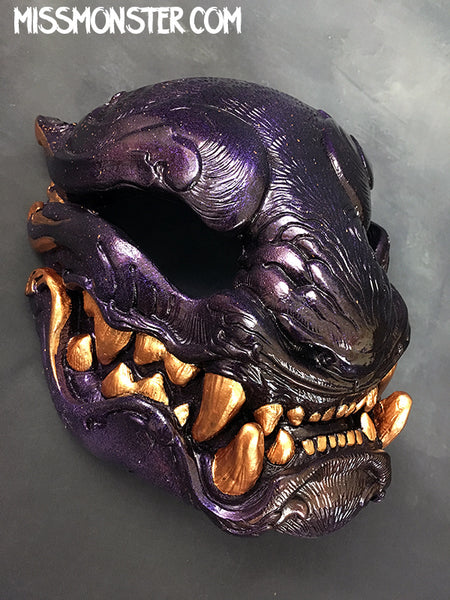 ORNATE PANTHER MASK- PURPLE/RED IRIDESCENT WITH GOLD ACCENT