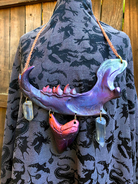 DUST BEAST FANTASY NECKLACE- PURPLE/RED/GREEN COLORSHIFT WITH SHARK TOOTH